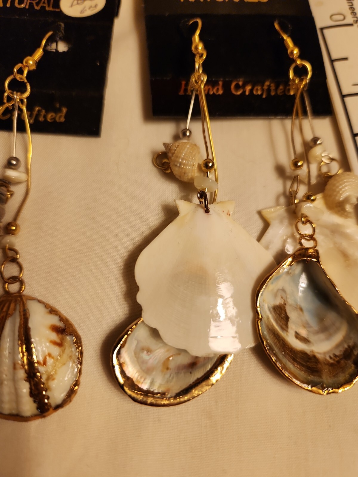 Vtg Sea shell pendant gold trim foil natural estate Lot 4″Dangle Earring Jewelry