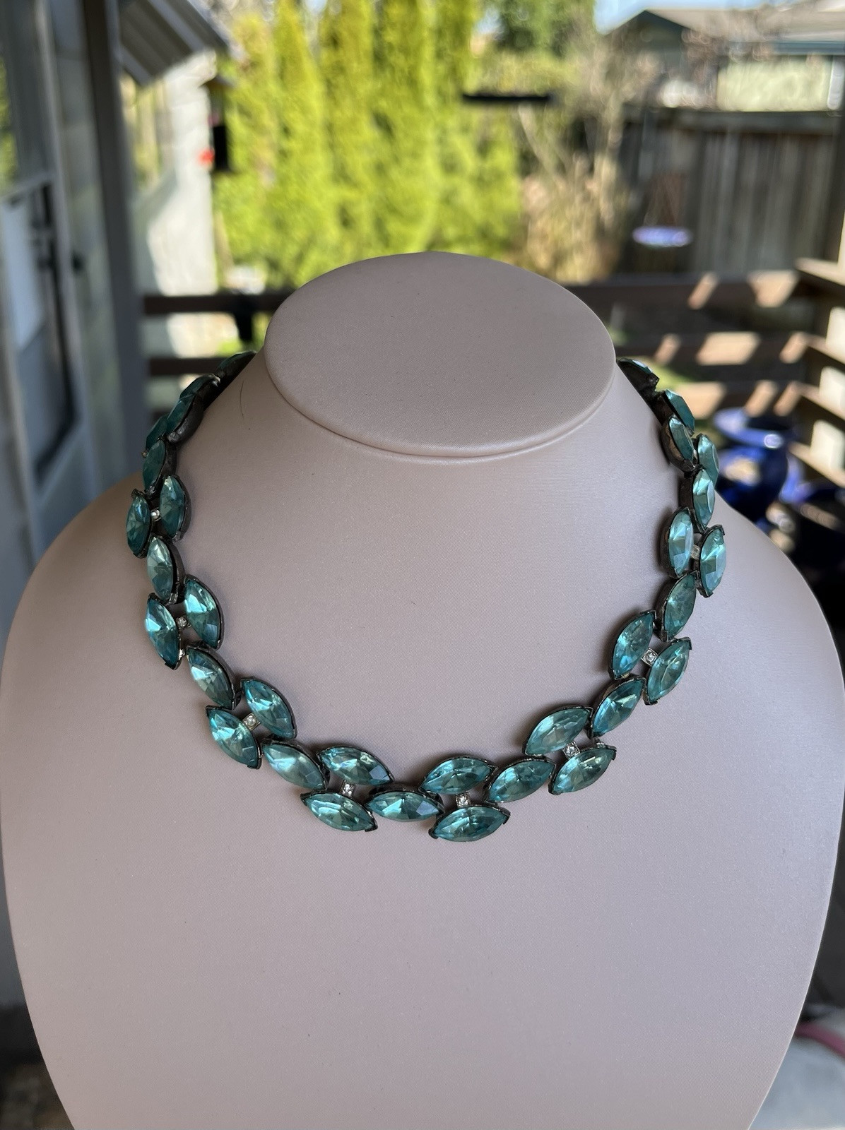 Vintage Aqua Rhinestone Pot Metal Rivière Necklace Not Signed