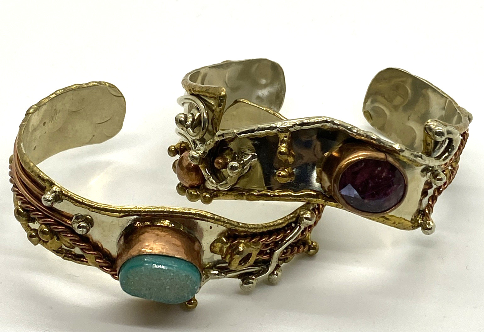 Lot 2 Artisan Brutalist 1″ Cuff Bracelets Silver-tone Brass Copper Natural Stone
