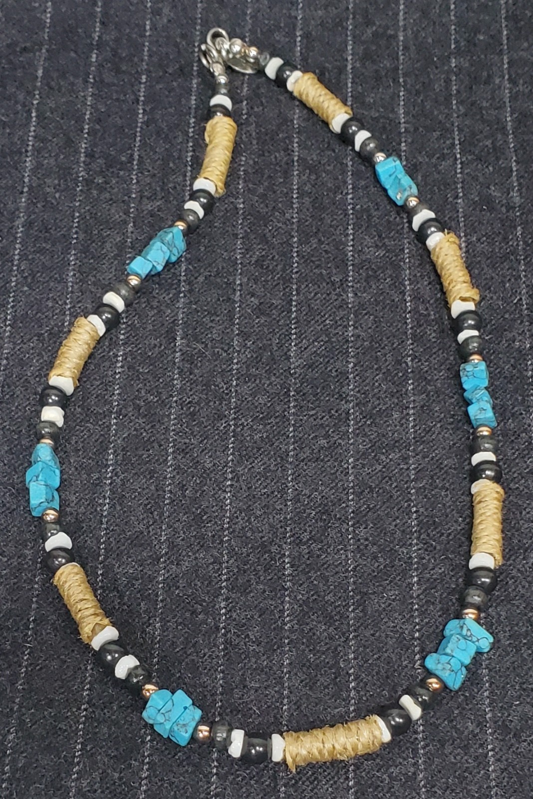 Vtg Panama Jack Southwest Hemp, Turquoise, Black & White Beads Necklace