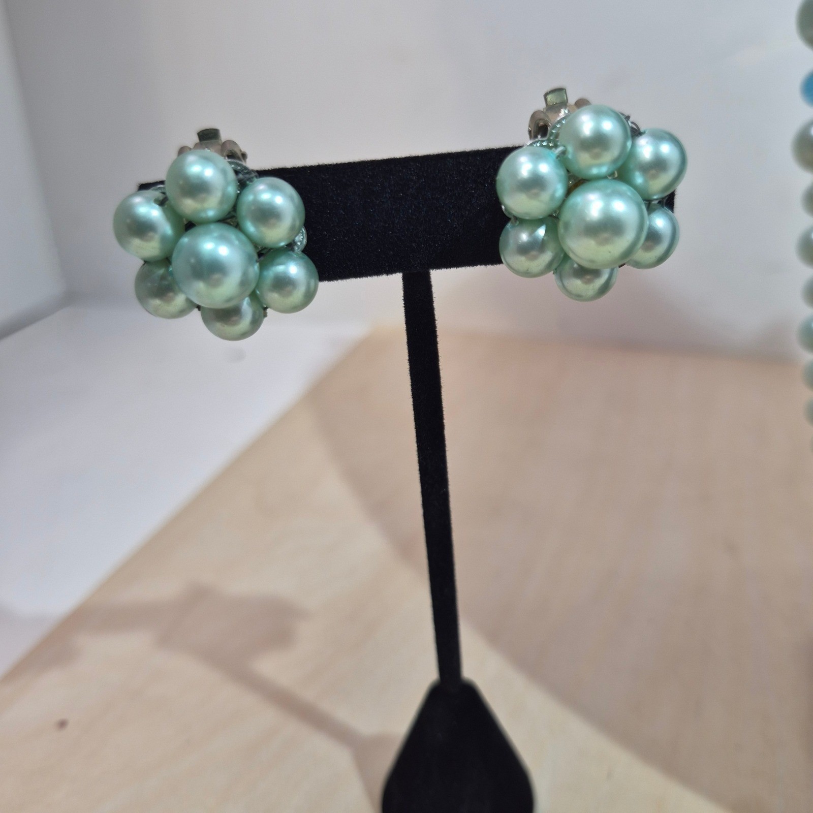 Vintage Seafoam Green Faux Pearl Y-Drop Necklace and Cluster Clip-On Earrings