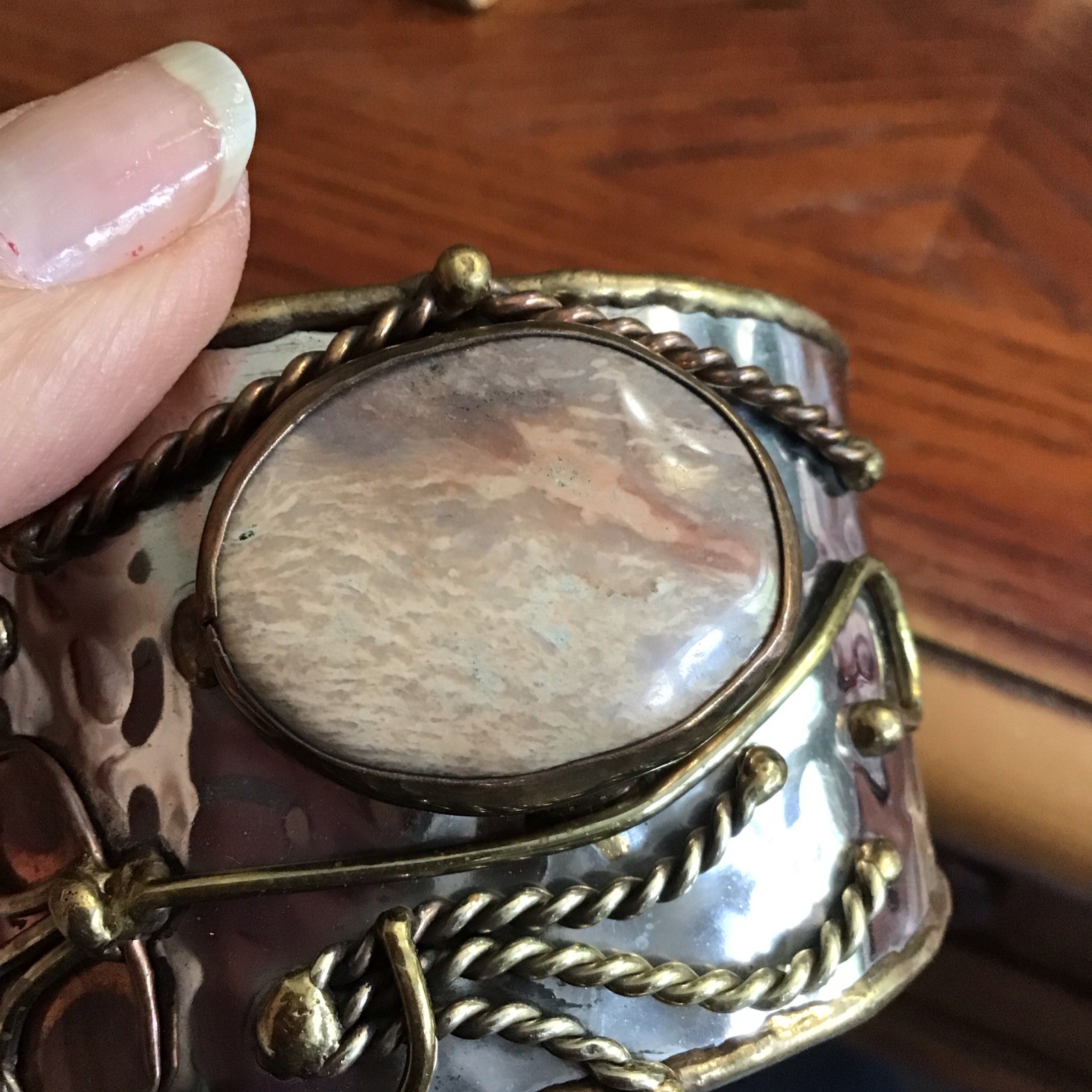 One Of A Kind Modernist Brutalist Mixed Metal W/Agate Cuff Bracelet