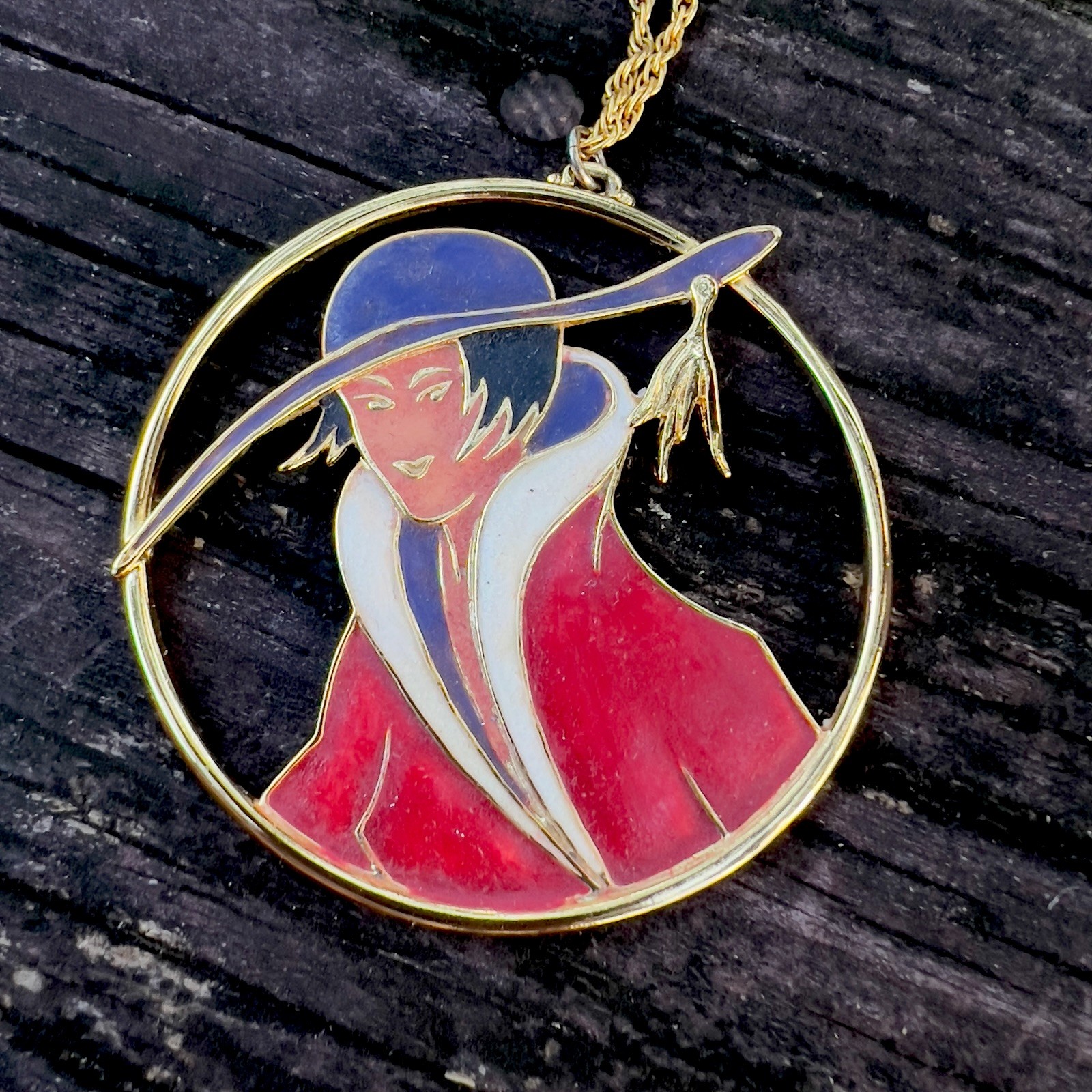 Vtg ORENA Paris Enamel French Art Deco Style Sophisticated Lady Necklace