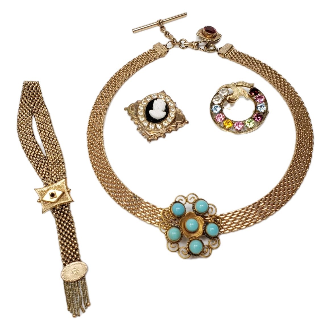 Antique Victorian Gold Filled Choker Watch Mesh Chain Necklace Bracelet Pin Lot