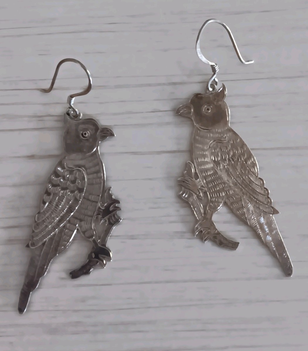 Vintage Silver-Tone Parrot Bird Shaped Dangle Earrings