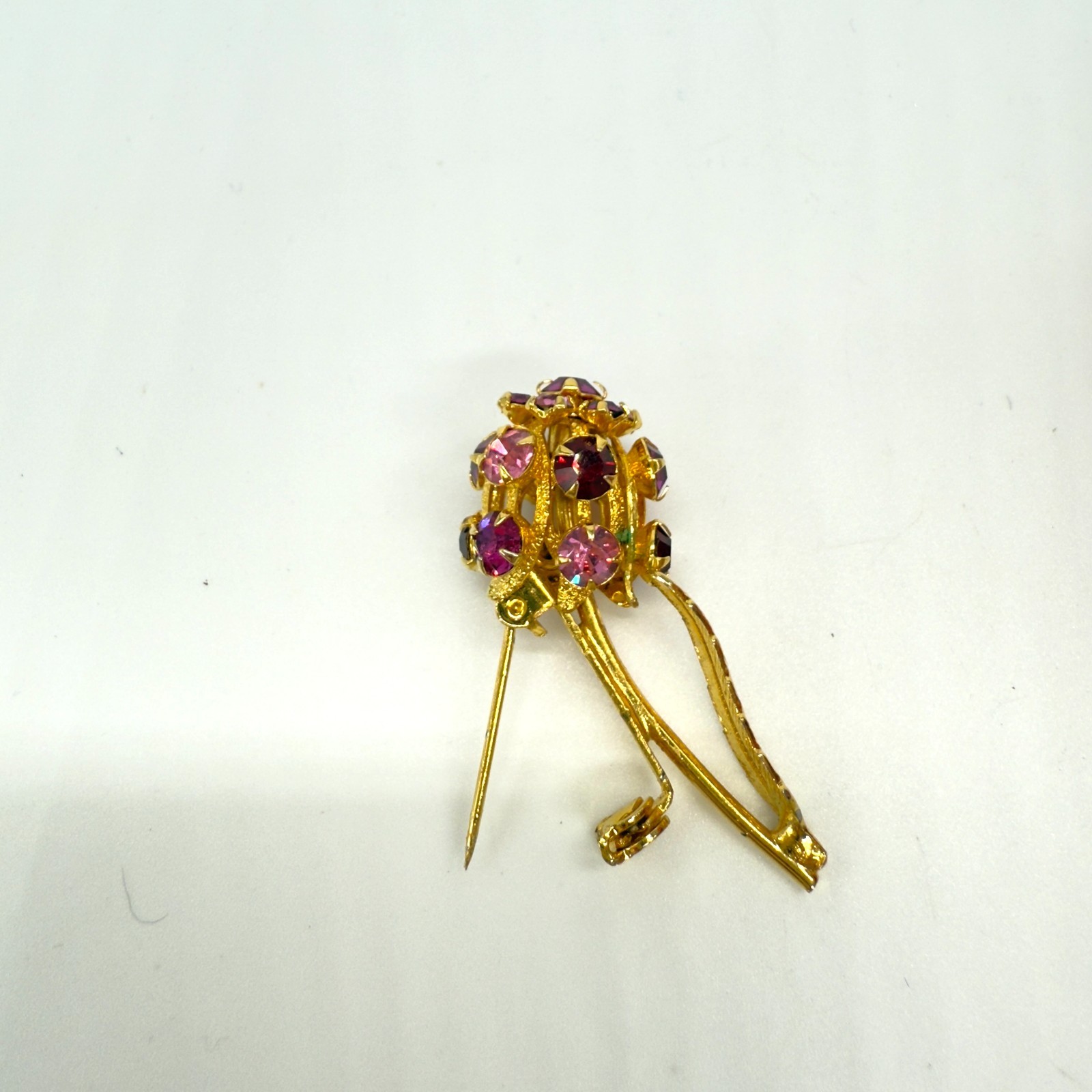Vintage Flower Brooch and Earring Set Pink Red Rhinestones Gold Tone Clip Ons