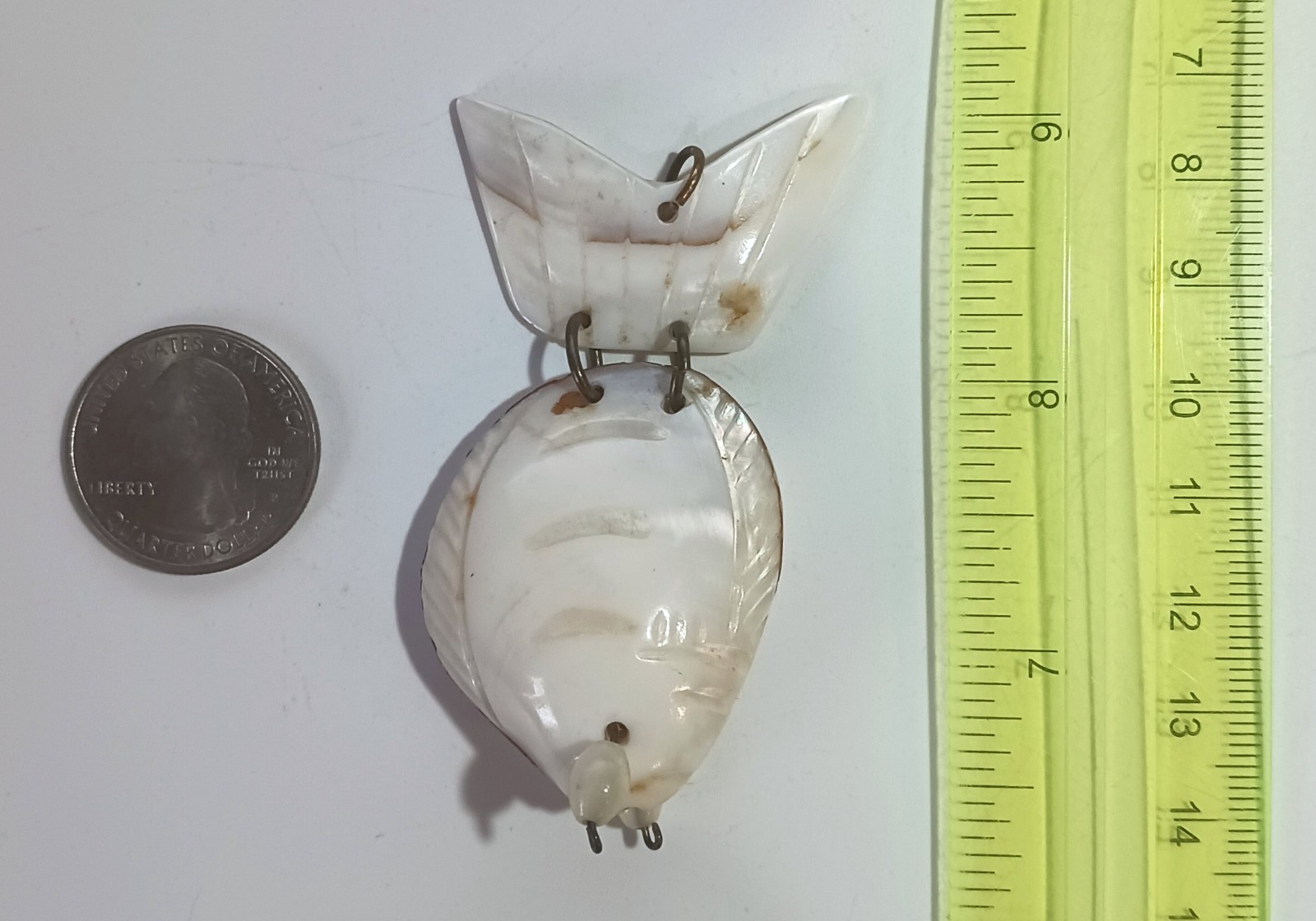 Vintage Large Articulated Fish Pendant Made of Carved Shells & Wire