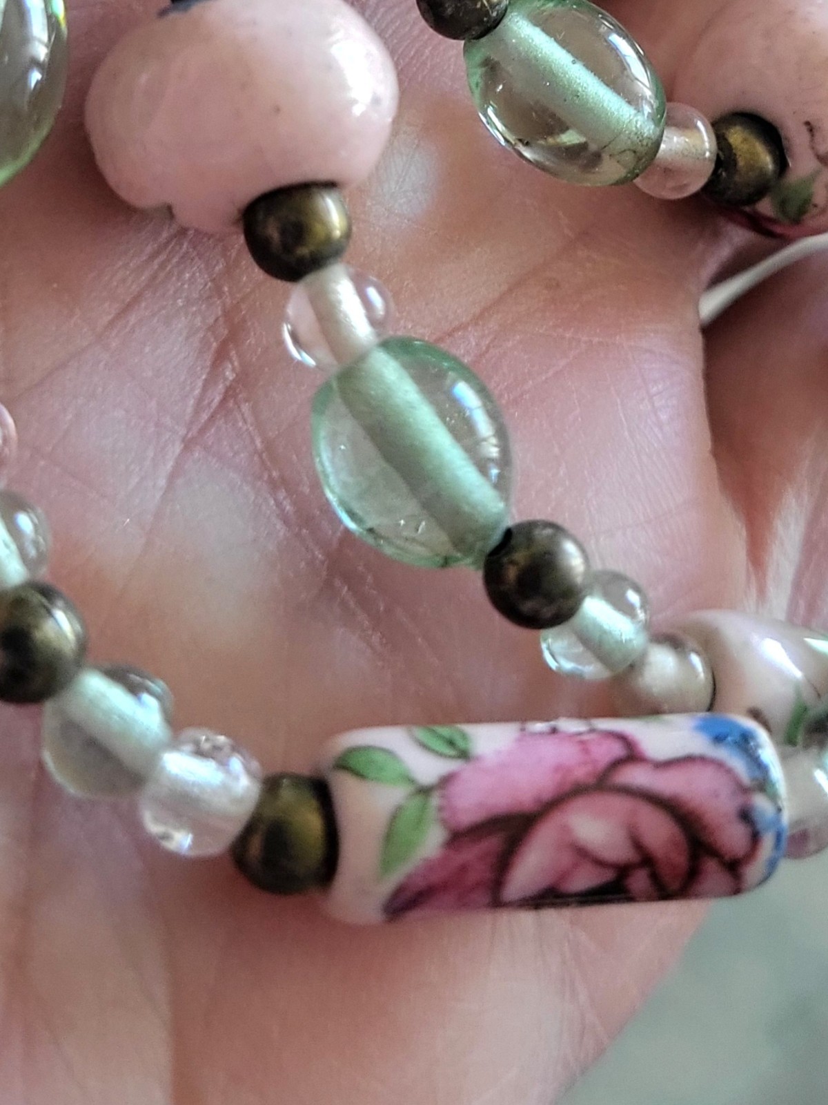 Vintage Cottagecore Sea Green Glass, Brass and Pink Porcelain Rose Bead Necklace