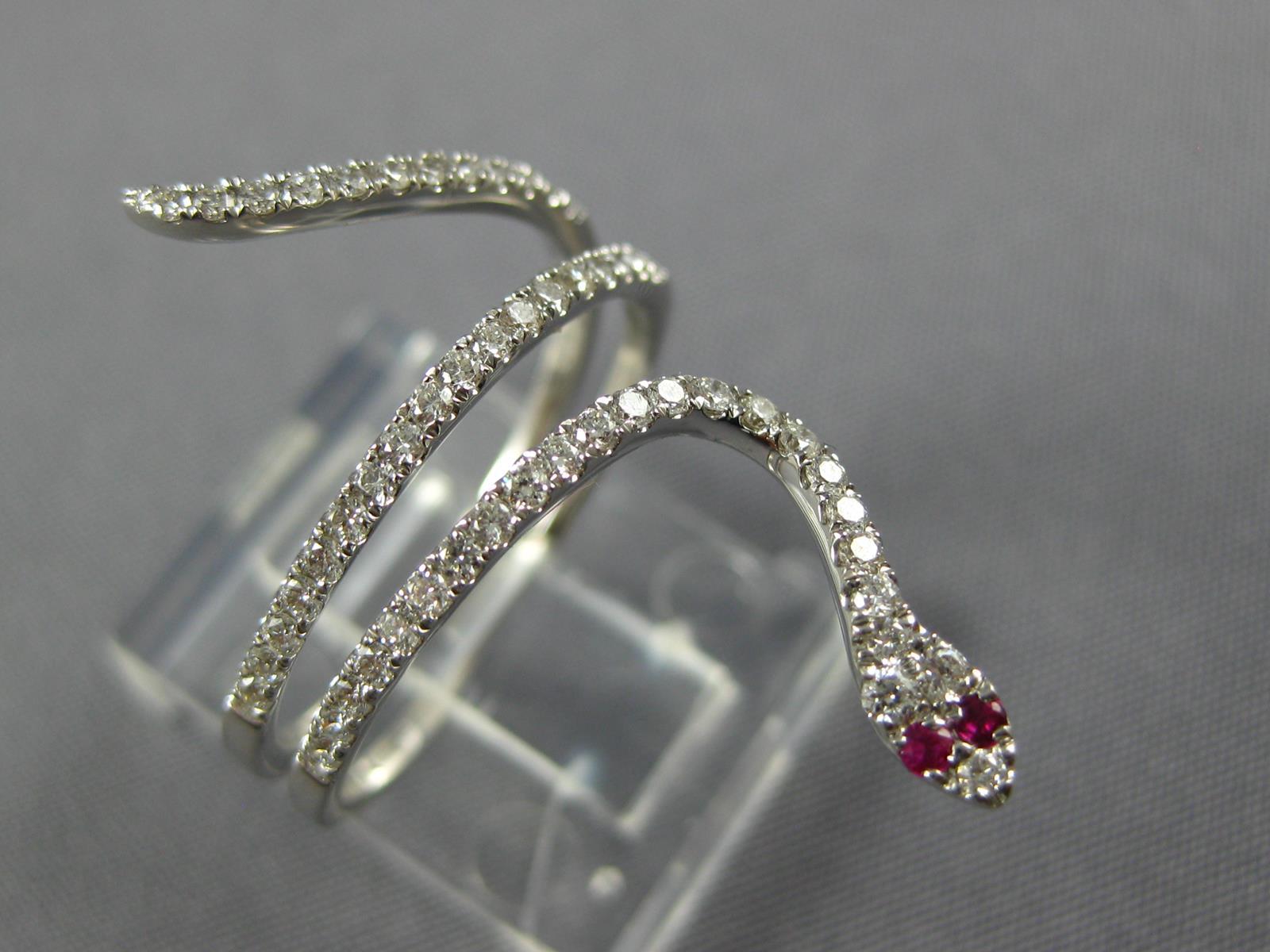 ESTATE 0.35CT DIAMOND & AAA RUBY 18KT WHITE GOLD 3D CLASSIC HAPPY SNAKE FUN RING