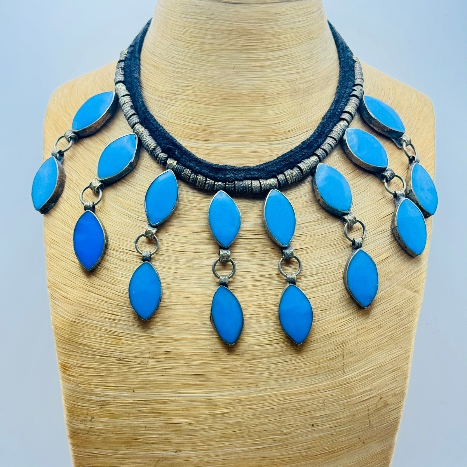 VTG Blue Glass Collar Bib Necklace BOHO Egyptian style choker silver fringe 14″