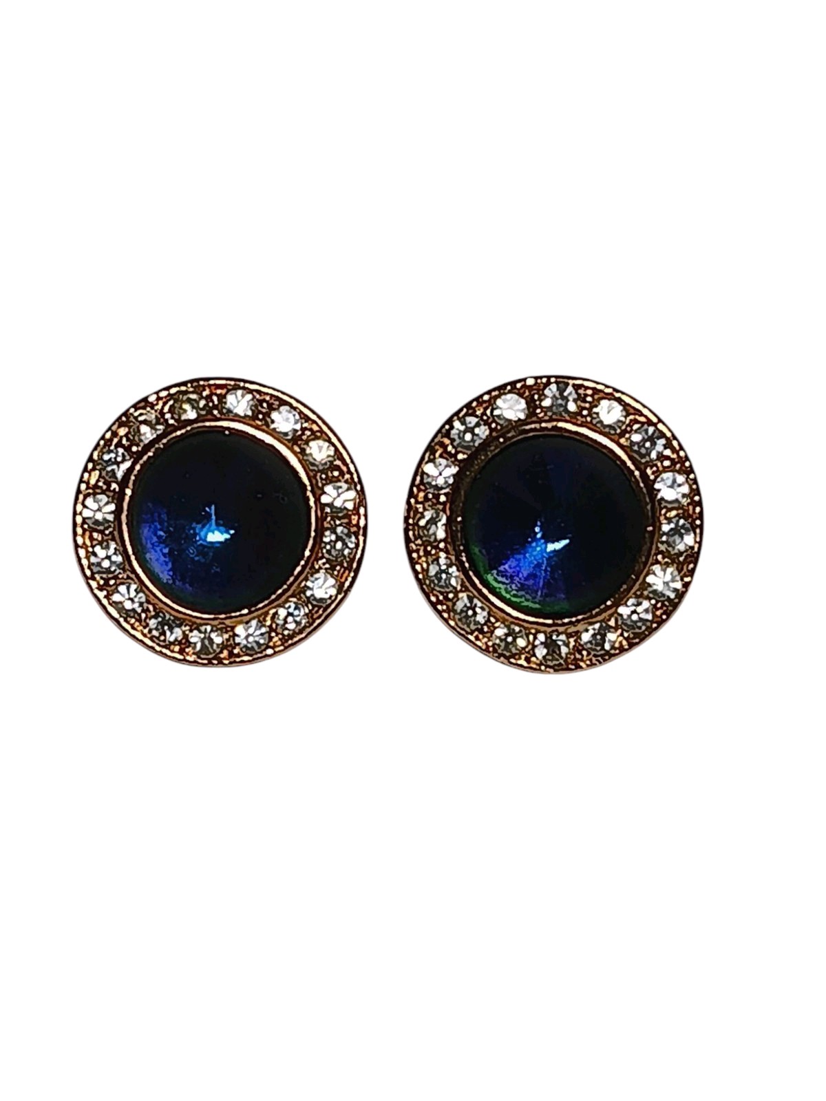 Roman Signed Earrings Violet Blue Rivoli Clear Crystal Gold Tone Round Pierced