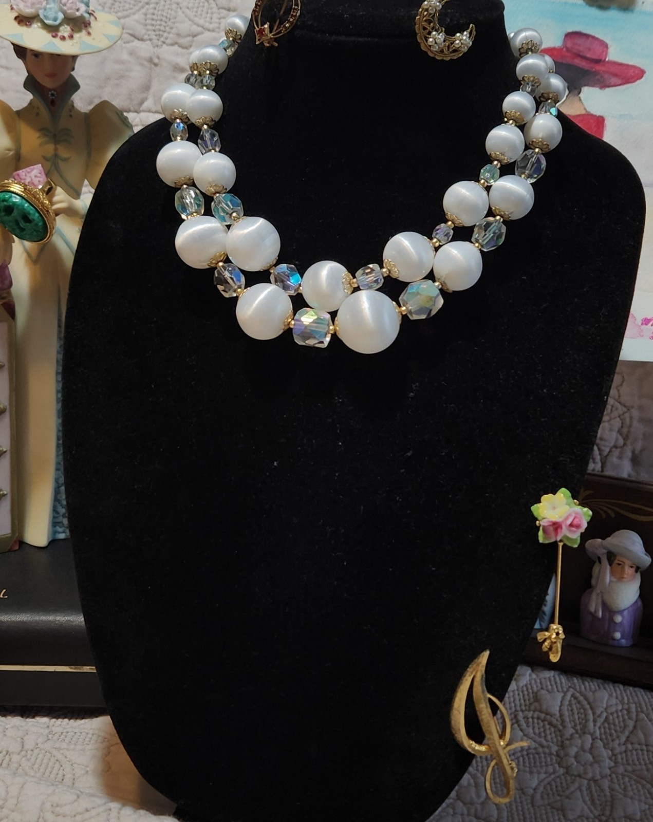 Vintage classic mid-century double-strand necklace acrylic and AB glass Japan