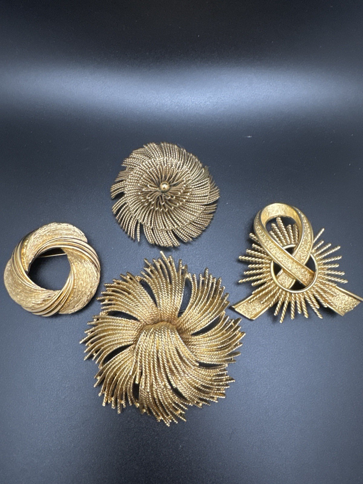 Vintage Monet Brooch Lot Gold Tone Textured Swirl Ribbon Knot Pins 4pc Signed