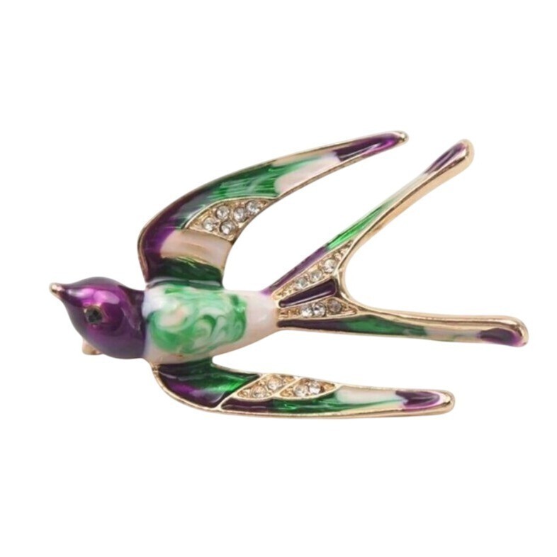 Enamel Sparrow Bird Brooch Purple Green White with Clear Crystals Gold Tone