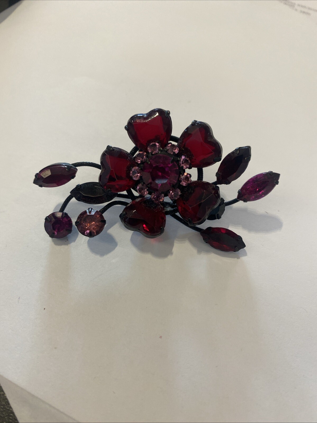 Vintage Unsigned SCHREINER Julian Pink & Fuchsia Flower Red Hearts Pin Brooch