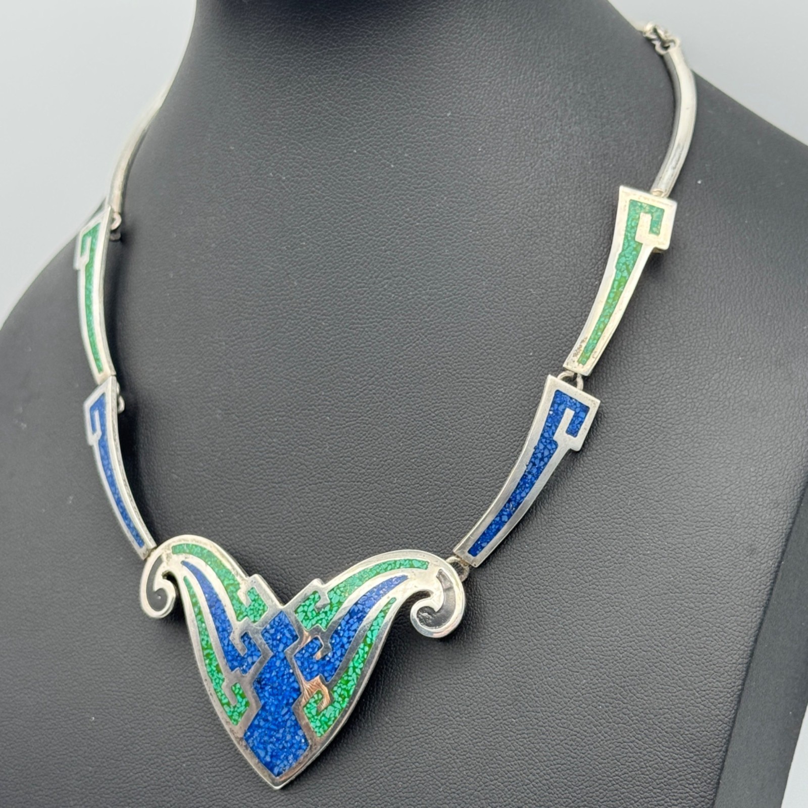 Vintage Taxco Butterfly Necklace Blue Green 925 Art Deco Statement 44g TC-112