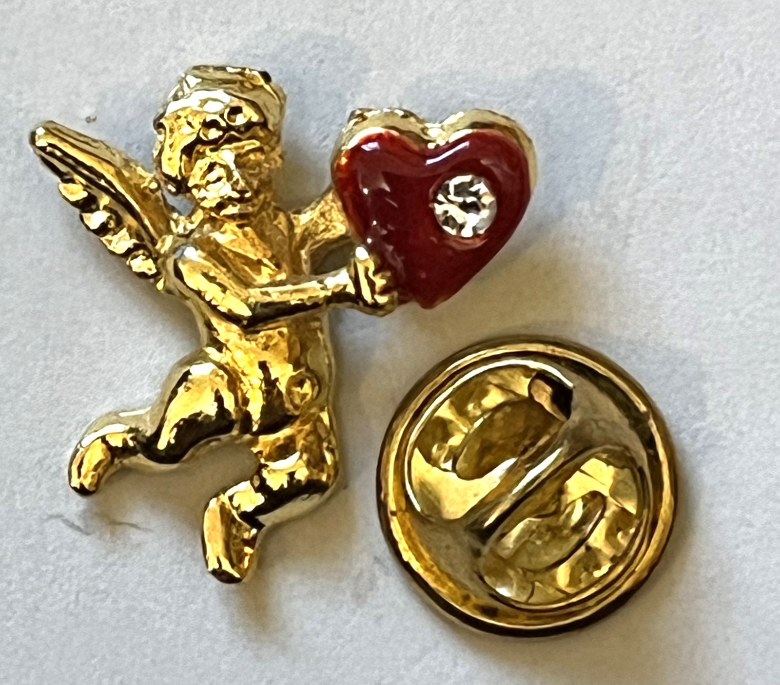Guardian Angel Heart Rhinestone Shiny Gold-tone Brooch Pin.