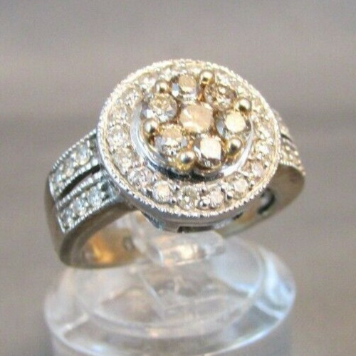 CHAMPAGNE & WHITE DIAMONDS 14k WHITE GOLD RING Size 3.5 IJDN Interjewel USA