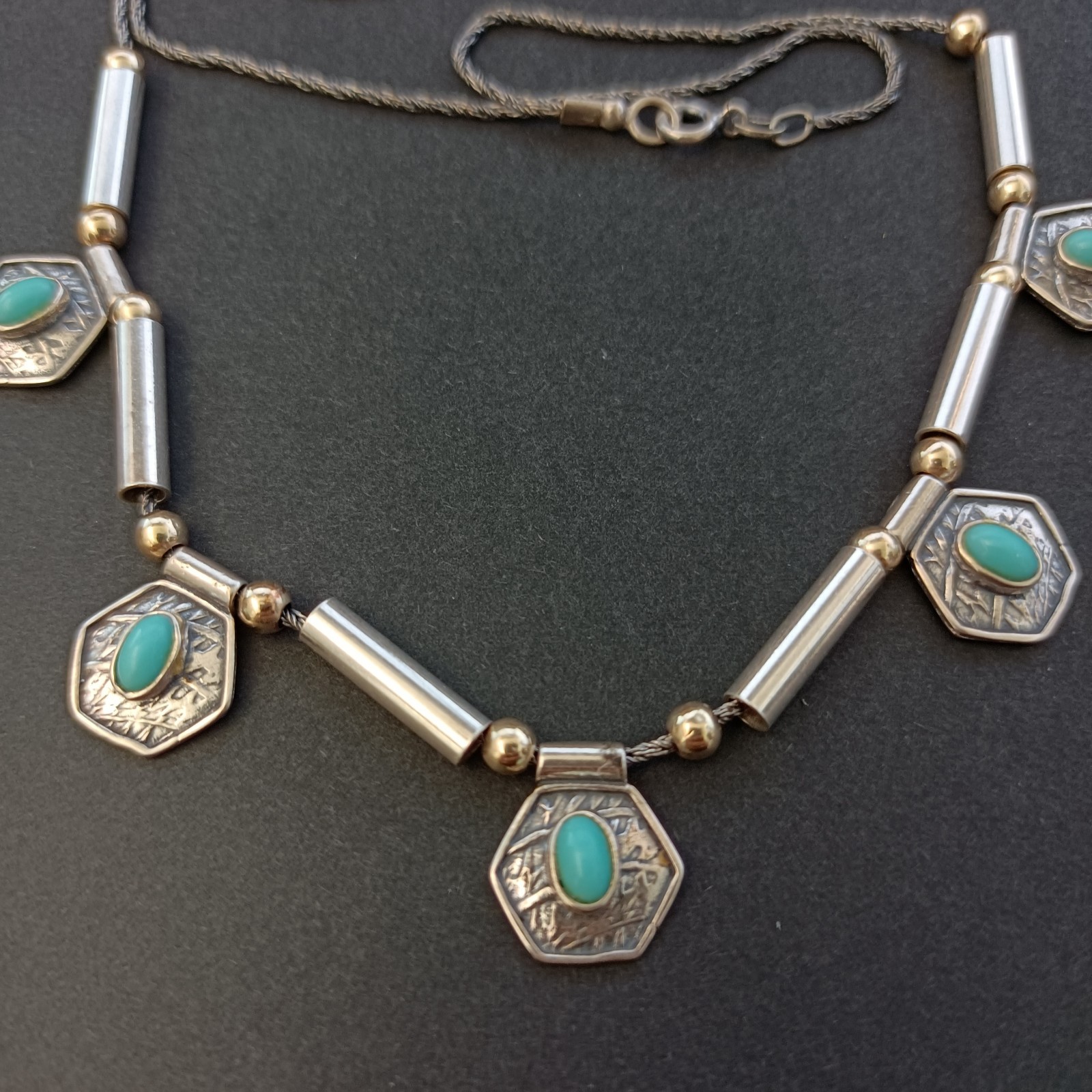 Vintage Artisan Necklace Sterling Silver 10k Gold Bead Geometric Drops Turquoise