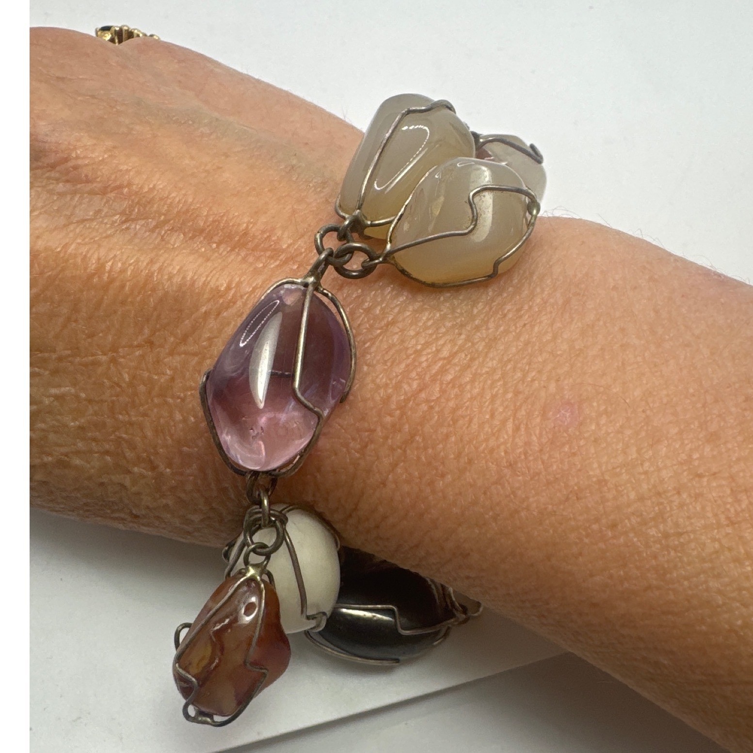 Vintage Wire Wrapped Tumbled Gemstone Charm Bracelet Multi Color Boho 7.25 In