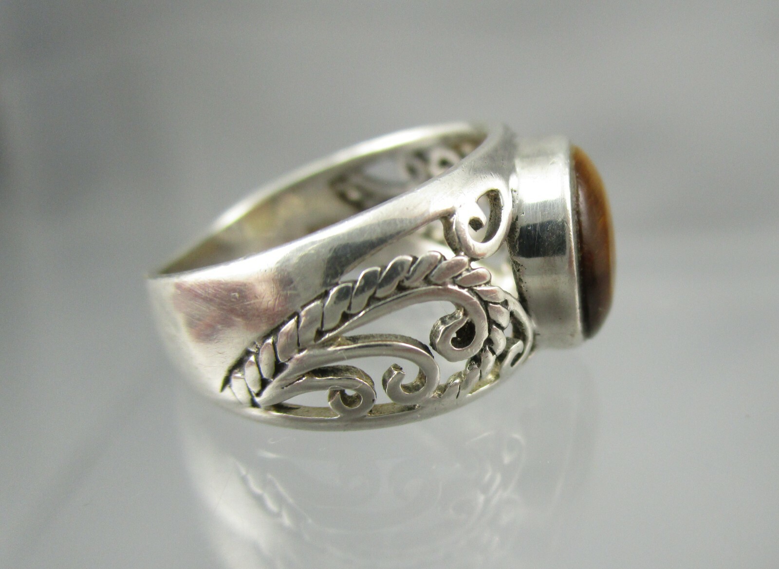 Filigree Sterling and Tigers Eye Ring Signed CW 925 Size 5.25 #4797E