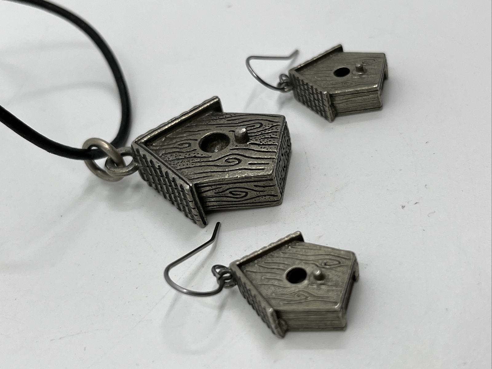 Vintage Estate Jim Clift Pewter Birdhouse Pendant & Pierced Earrings Set