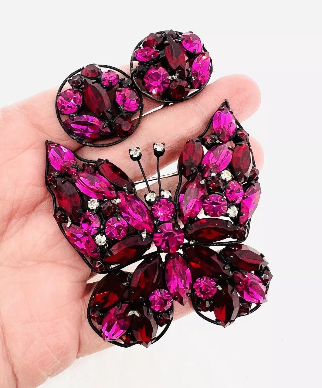 LaRoco Fuchsia & Red Rhinestone Butterfly Brooch Earrings Signed Vintage Jewelry