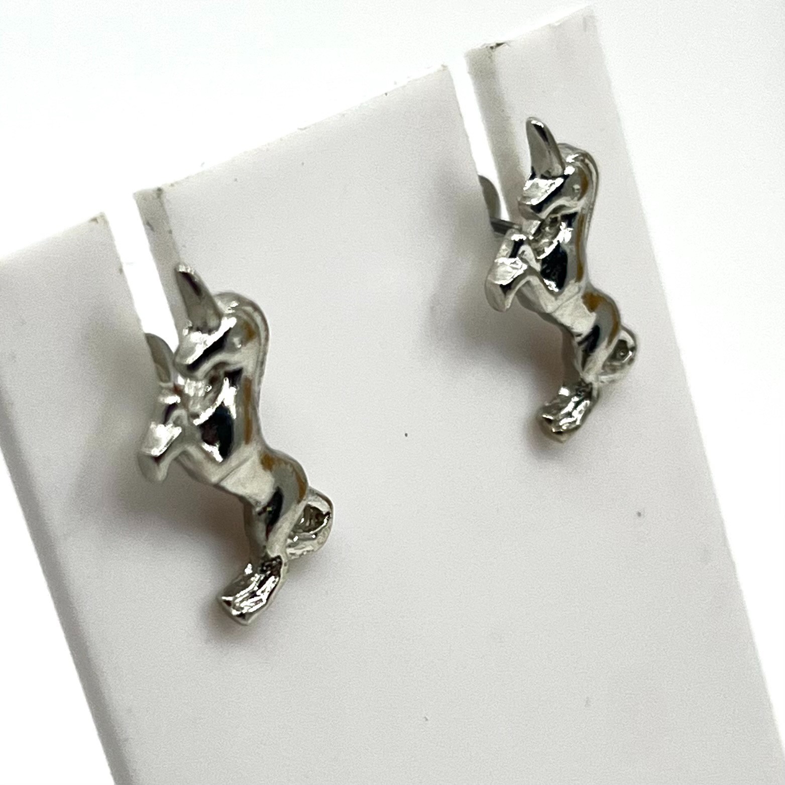 Vintage Silver Tone Prancing Unicorn Stud Earrings Whimsical Fantasy Mythical