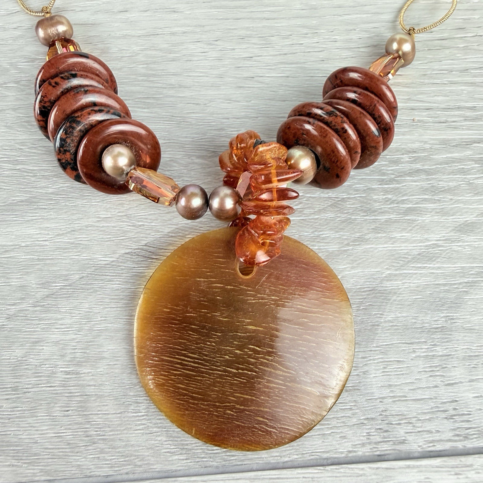 Vintage 14K Gold Filled Baltic Amber Pearl Chunky Chain Link Pendant Necklace