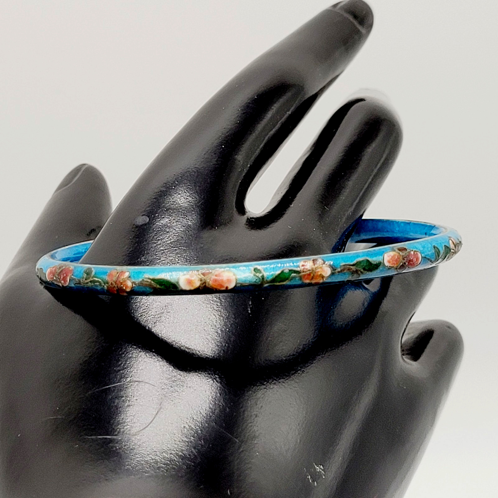Cloisonné Light Blue Enamel Floral Hand Painted Asian Inspired Bangle Bracelet