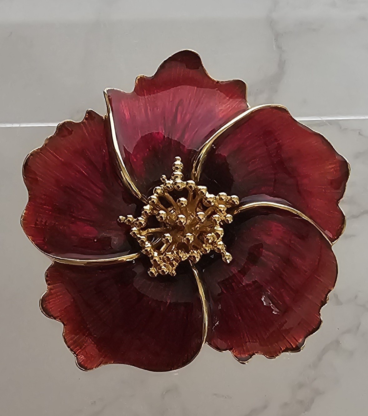 Vintage Red Enamel & Gold Tone Poppy Flower Brooch Pin