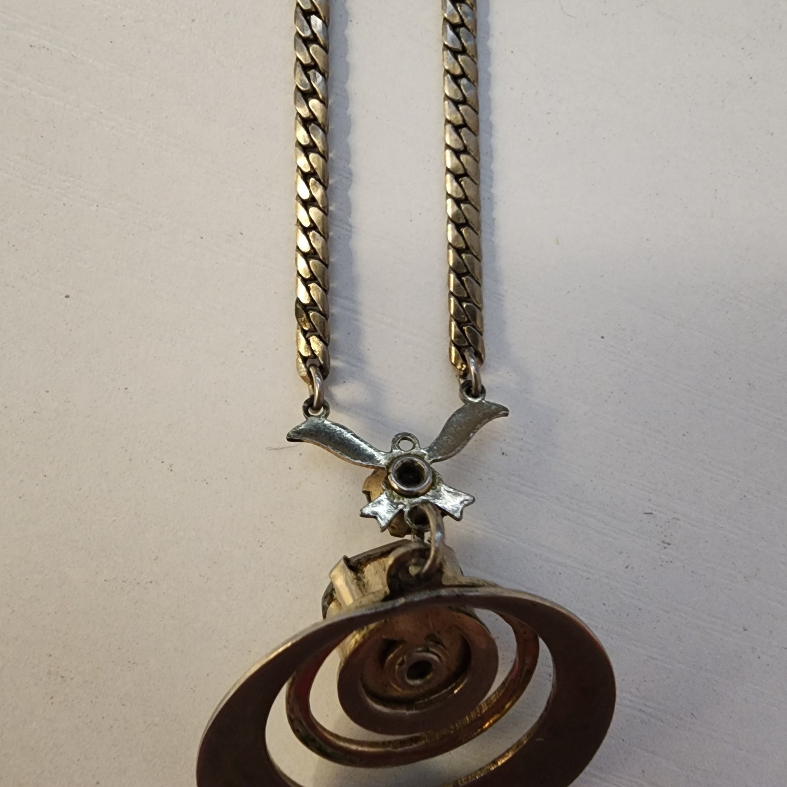 Vintage Silver Tone With Large Faux Diamond Black Rhinestones Necklace 2 Circles