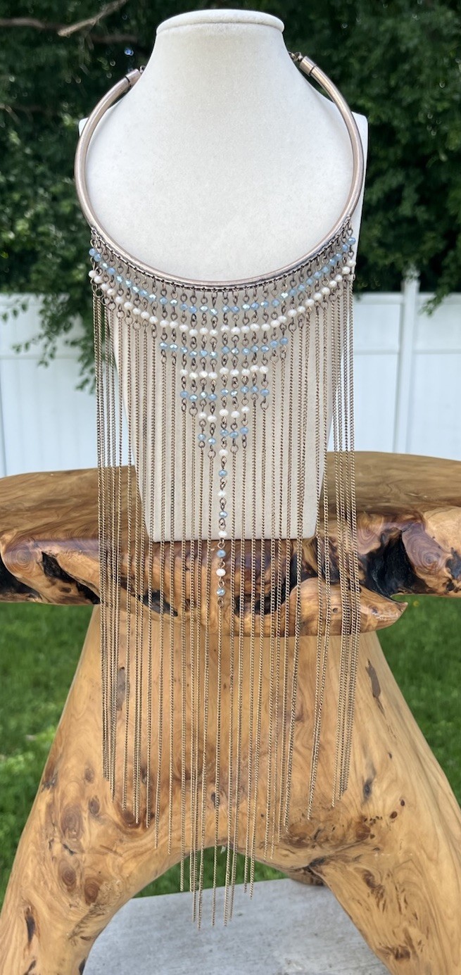 Statement Bib Necklace White Blue Crystal Beaded Fringe Tassel Collar Boho