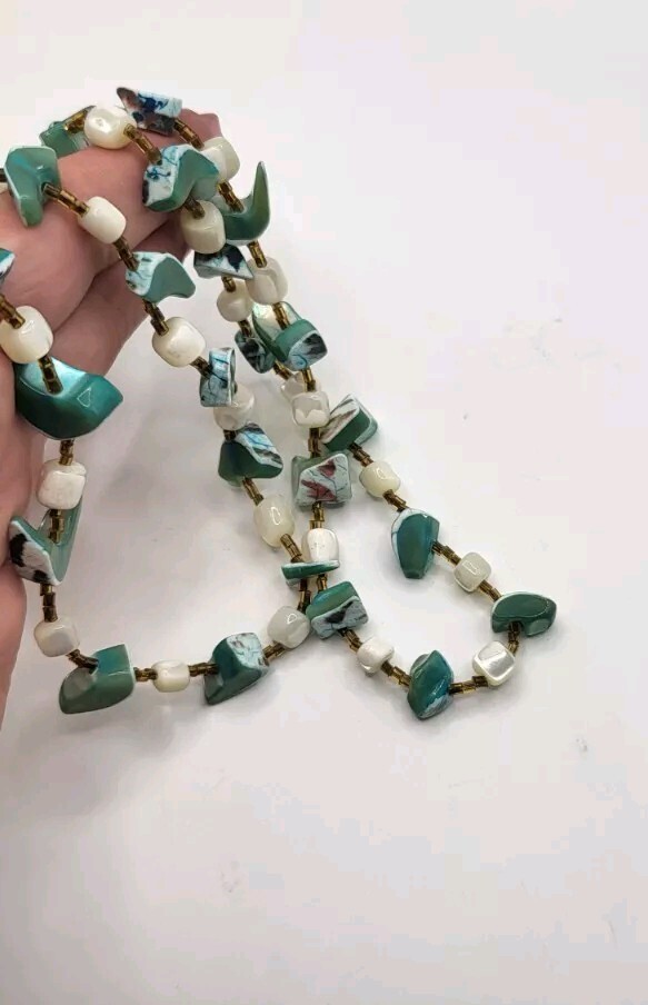 Mother Of Pearl Artisan Green Blue Shell White Vintage Necklace Hook Clasp Long