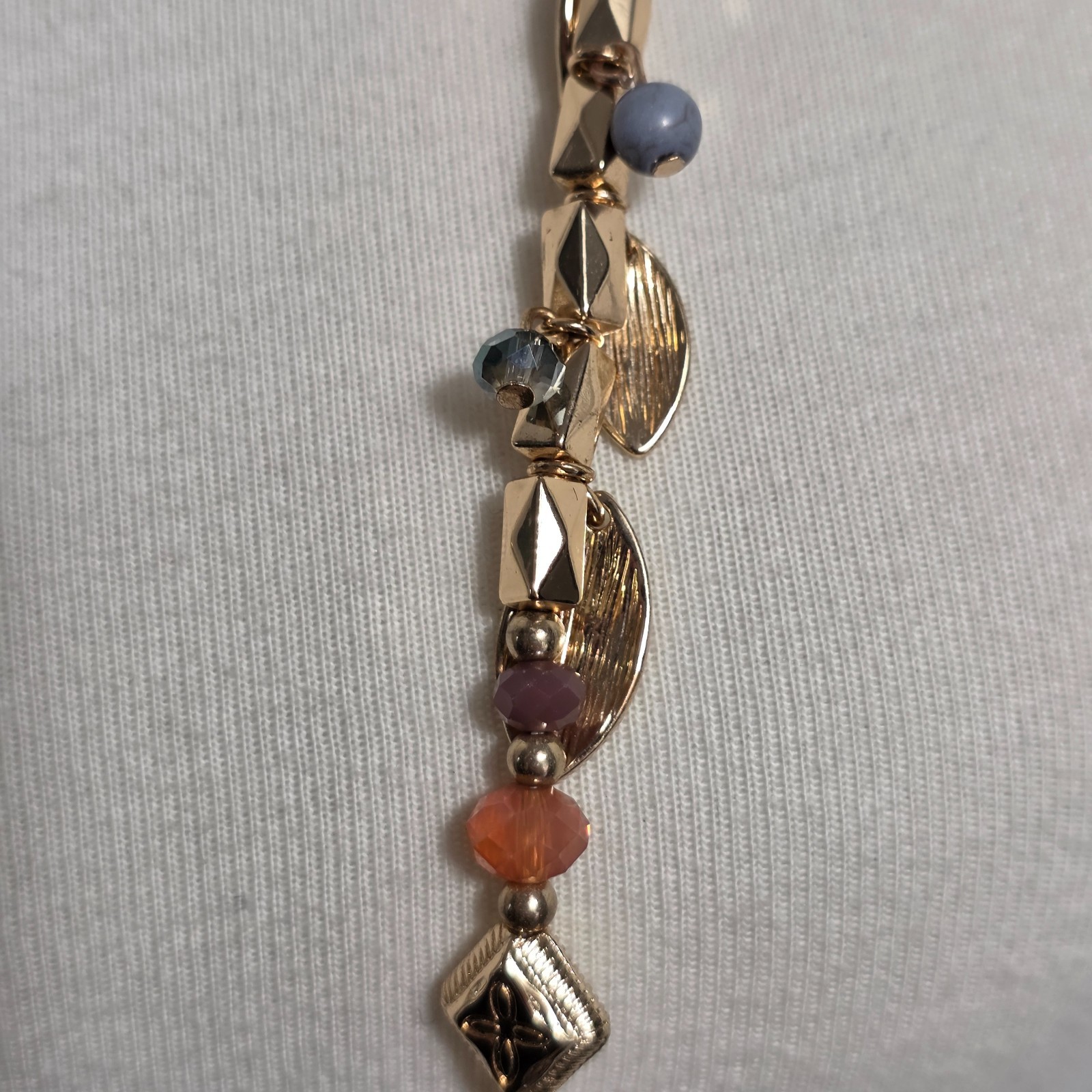 Cato Long Gold Tone Fashion Necklace Multi-Colored Beads & Leaf Charms