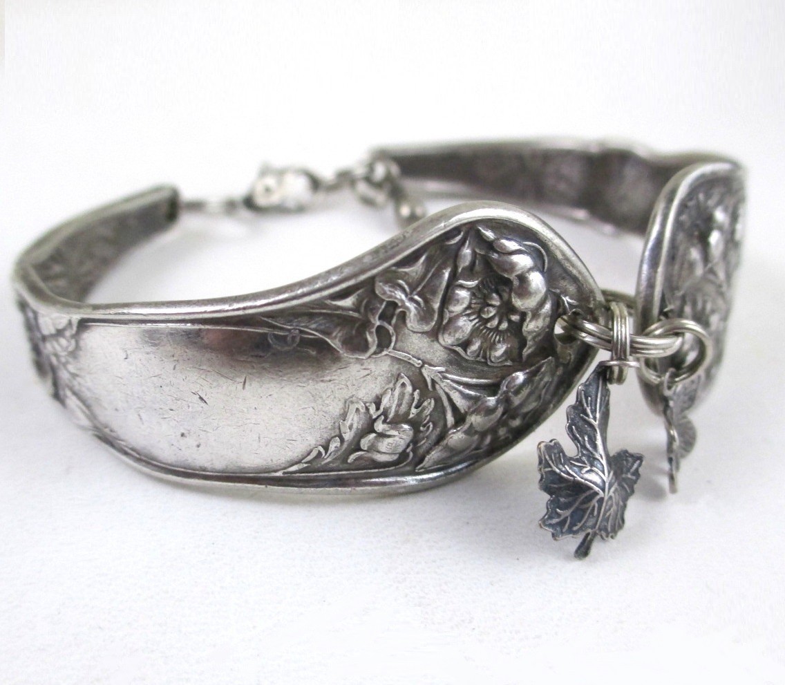 Vintage Oneida Spoon Bracelet Bridal Rose Poppy Flower Butterfly Mapleleaf Charm