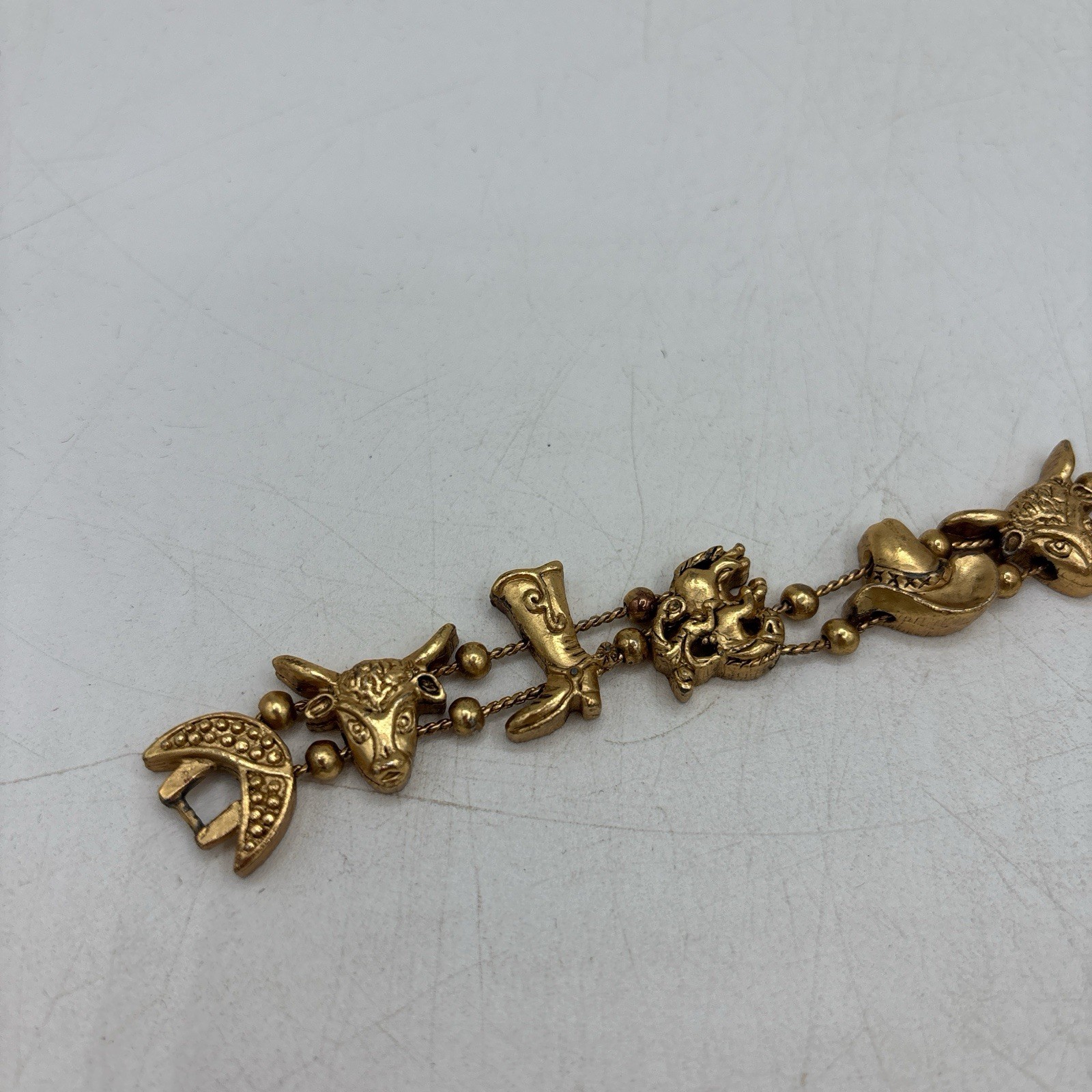 Vintage 90s Western Bracelet Gold Tone Saddle Cowboy Hat Steer Bull Fashion