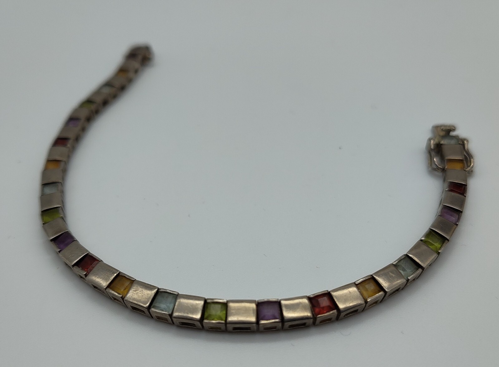 Vintage Modern Square Colorful Stone Mod Link Bracelet Sterling Silver 925 DBJ