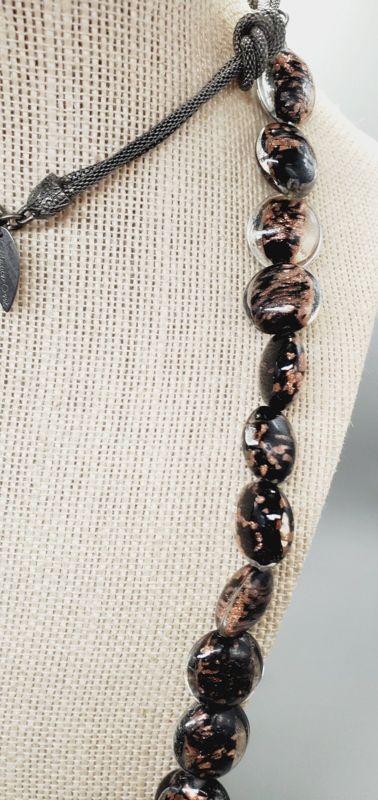 Coldwater Creek Black and Copper accented Glass, Gun Metal Necklace 36″ woo1
