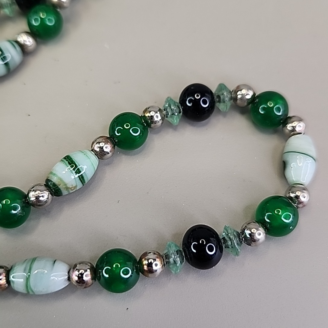 Vintage Glass Necklace Green Striped 24″