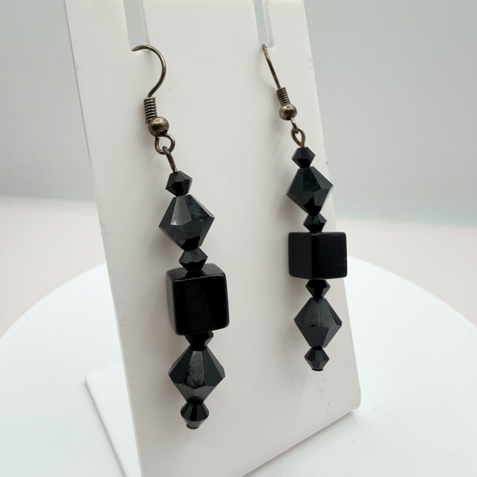Vintage Black Beaded Bracelet Dangle Earrings Set Gunmetal Tone Geometric Goth