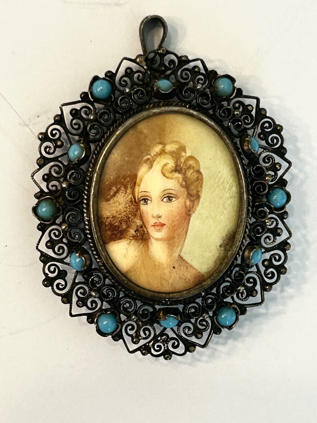 VTG Art Nouveau 800 Silver Hand Painted Lady Miniature Portrait Brooch Pin