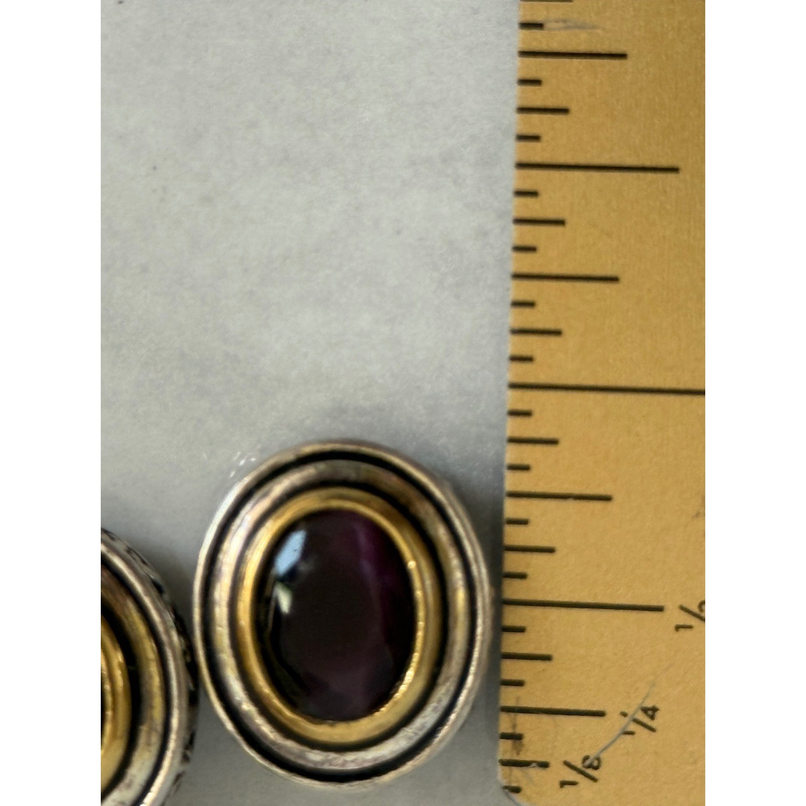 Vintage Mixed Metal Purple Stone Oval Clip On Earrings Silver Gold Tone Scroll