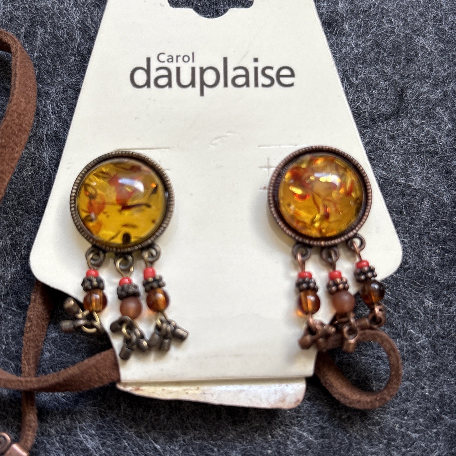 Vintage Carol Dauplaise Faux Amber Bronze Tone Statement Necklace Earrings Set