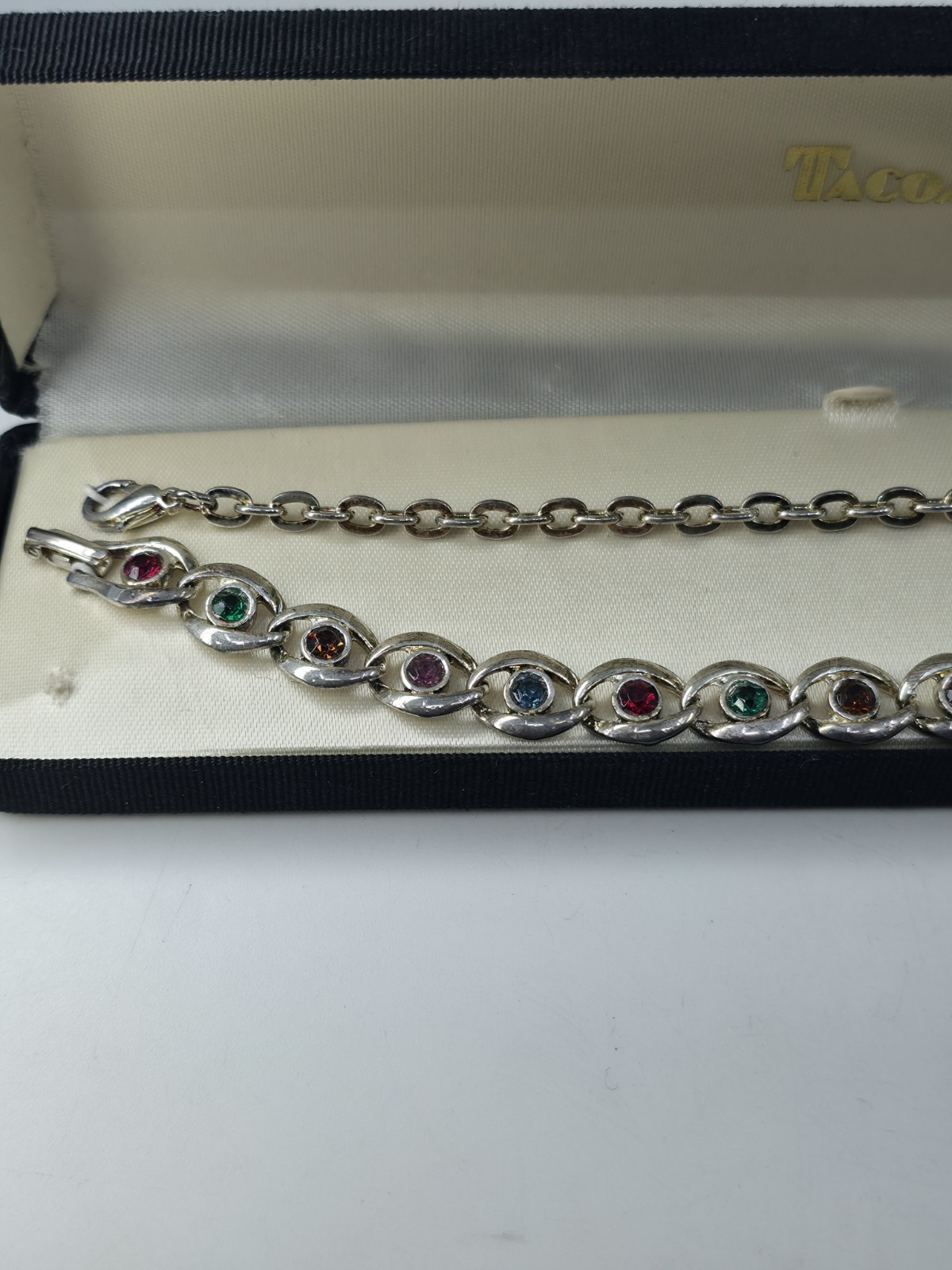 ​Vintage Signed TACOA Multi-Color Rhinestone Link Bracelet in Original Box