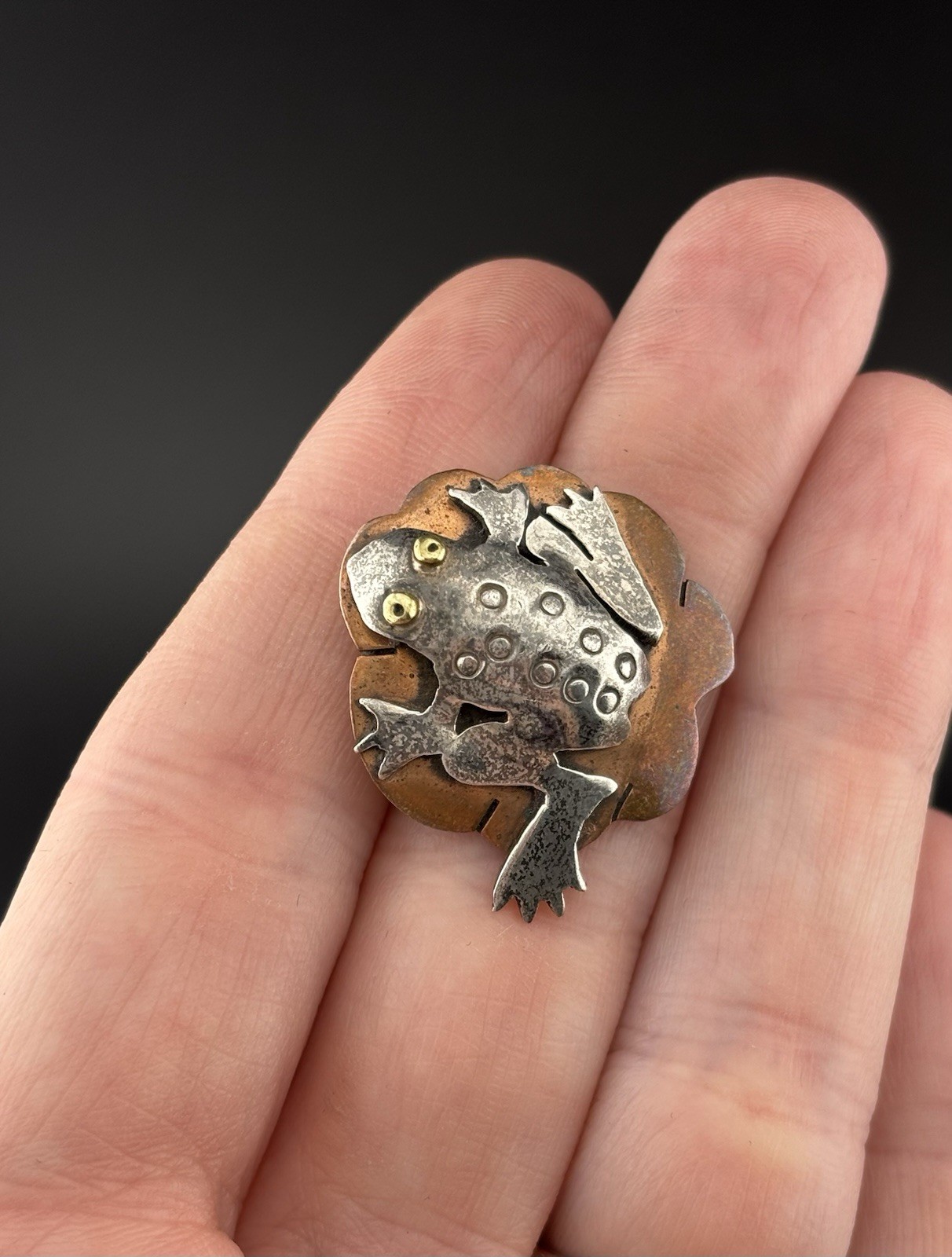 Far Fetched Frog Toad Mixed Metal Sterling Silver Copper VTG Brooch 1 In