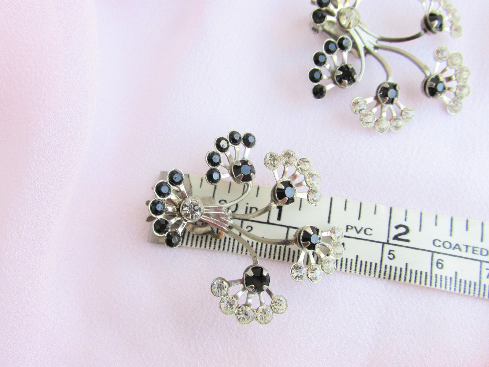 Vintage Explosion of Black & Clear Rhinestones 3.5″ Pin Earring Set Tiered 3D
