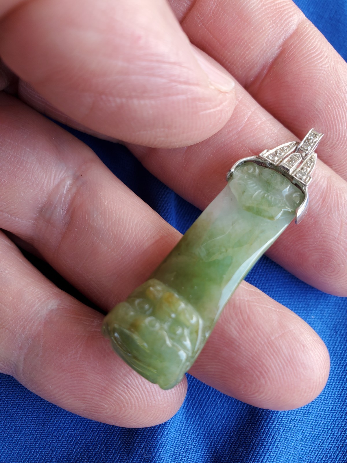 ORIGINAL Antique Green JADE DIAMOND Art Deco Pendant SOLID PLATINUM Medallion