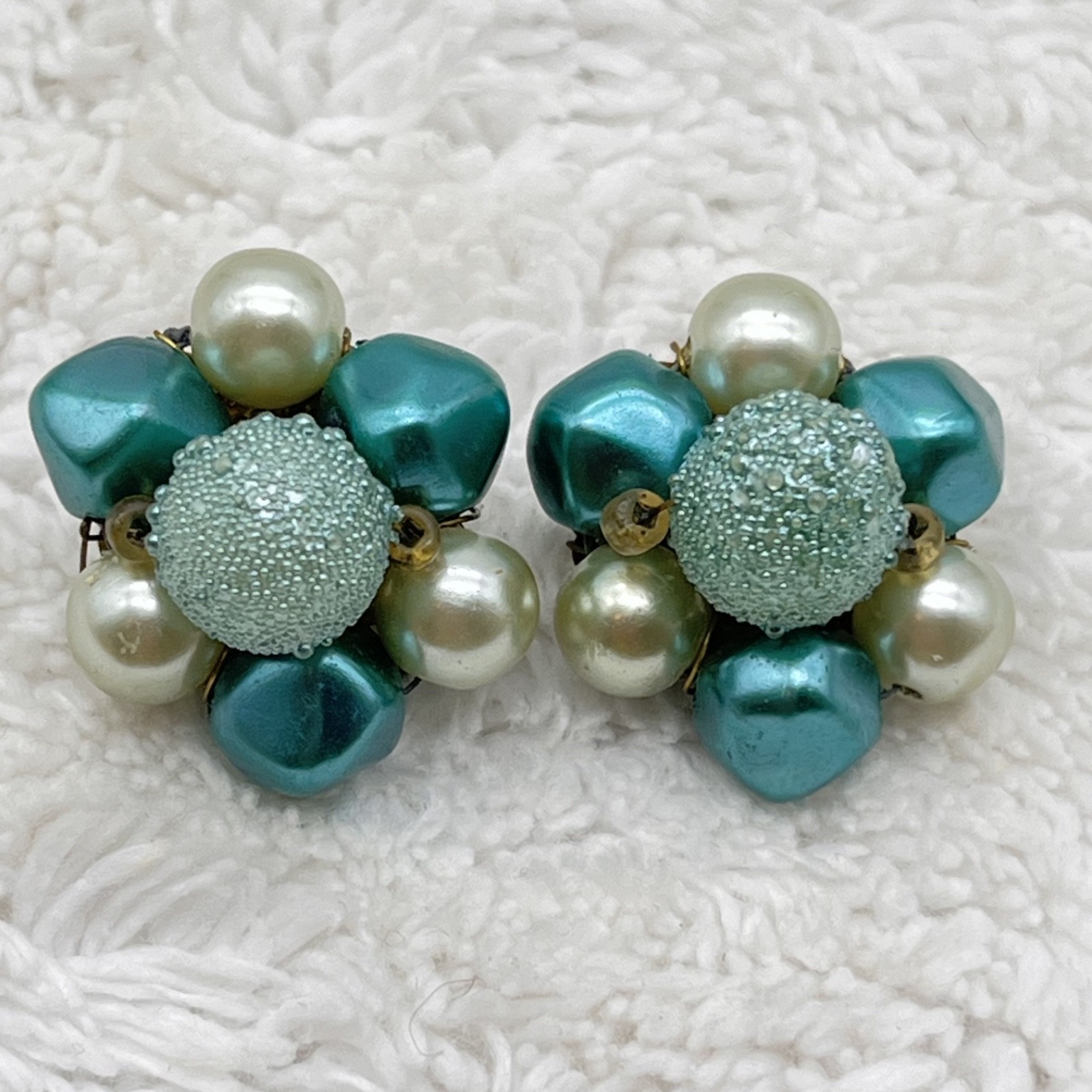 Vintage Green Plastic Jewelry Set Green Beads Triple Strand Necklace Earrings