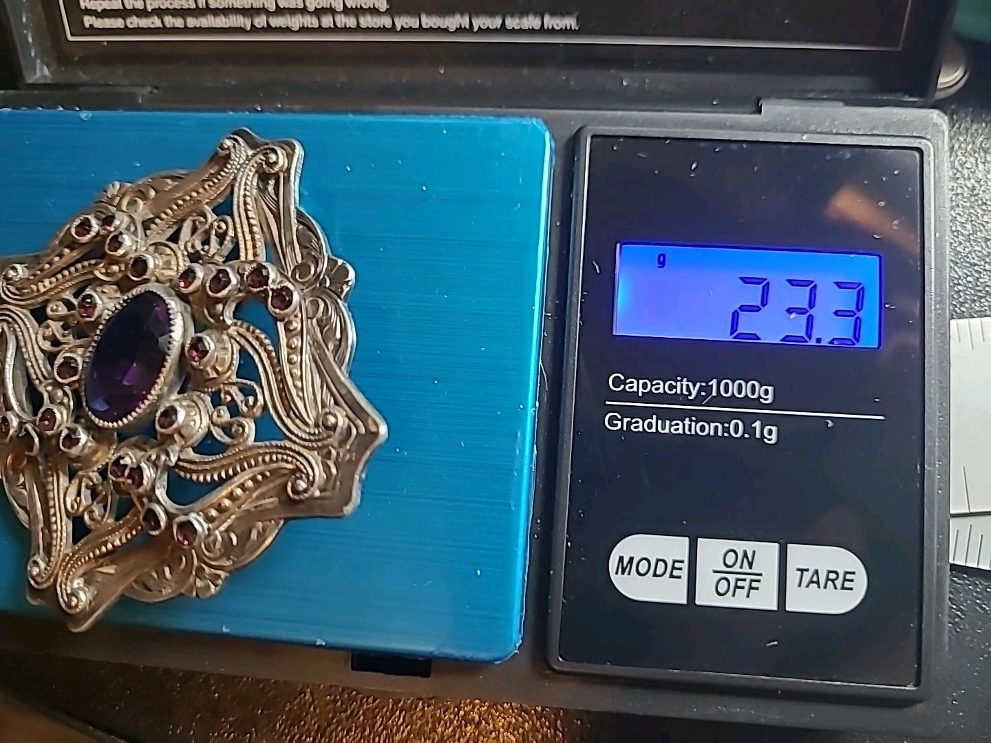 Vintage C-Clasp Art Deco Style Brooch Unknown Metal & Glass Stones Stamped 6839
